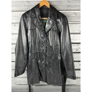 Vintage Danier Mid Trench Coat Womens 6-8 Black 100% Leather Jacket Lined